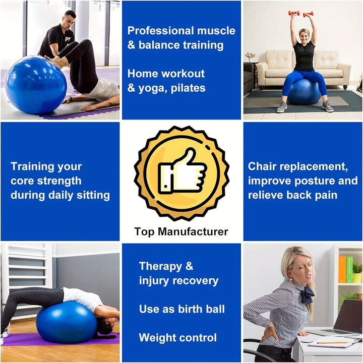Exercise Yoga Ball For Workout Pilates Stability - Anti-Burst And Slip Resistant For Physical Therapy, Birthing, Stretching & Core Workout, Office Ball Chair, Flexible Seating, Home Gym