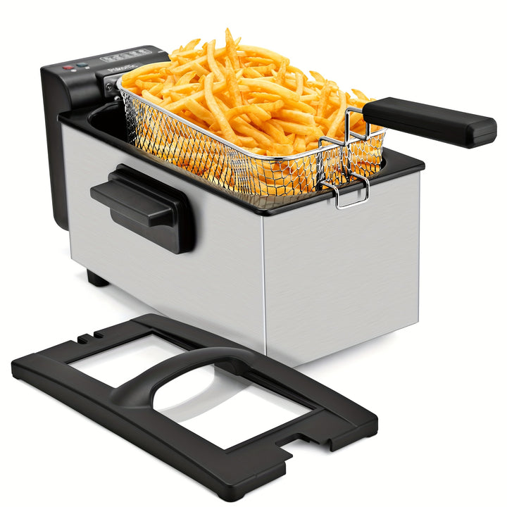 Friteuse Électrique SUSTEAS 1500W avec Panier - Acier Inoxydable, Pot Intérieur Antiadhésif, Couvercle Amovible, Contrôle de Température et Design Facile à Nettoyer pour Frites Maison Croquantes et Plus, Panier de Friteuse