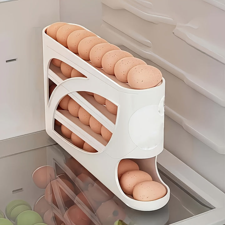 4-Tier Rolling Egg Holder - Side Door Design, Holds 30 Eggs, Smooth Glossy Finish, Convenient Handle