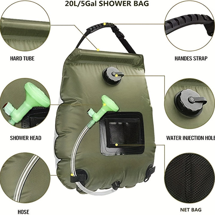 Portable 5 Gallon Solar Heated Shower Bag - Removable Hose And Switchable Shower Head For Outdoor Travel - Camping, Climbing, Hiking, Beach, And Swimming