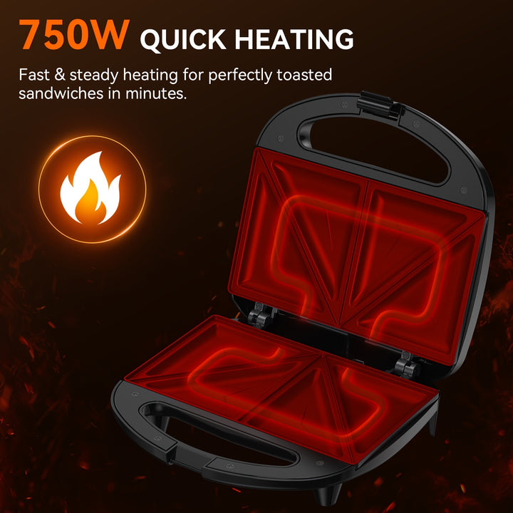2-Slice Non-Stick Sandwich Maker with Triangle Plates, Cool-Touch Handle & Indicator Lights, Easy to Clean, 750W for Quick Breakfasts and Snacks, BPA-Free Stainless Steel Design
