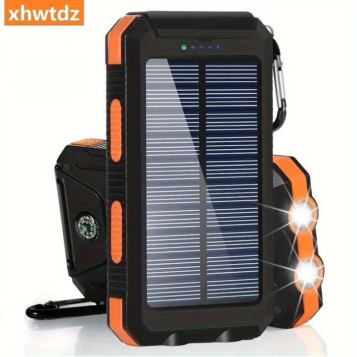 1pc, Portable Solar Power Bank with External Battery Charger and Strong LED Light, 2 USB Charging Ports for Outdoor Camping, Hiking and Emergency Use