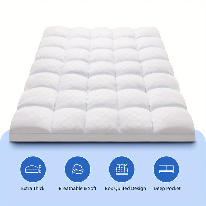 [Cooling Comfort] Extra Thick Quilted Mattress Topper | Soft White | Stretches 8-21" Deep | Cooling Comfort Pad with Diamond Pattern | Bedroom & Guest Room