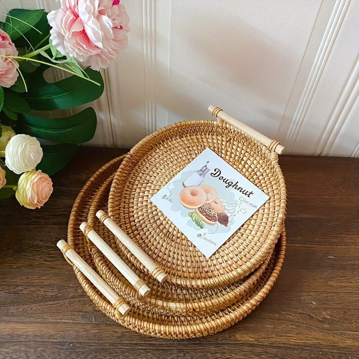 1pc Artisanal Woven Rattan Serving Tray - Dual Handles, Multipurpose Tea and Snack Presentation Platter, Ideal Bread Basket with Insulation for Kitchen & Dining - Versatile Home Accessory