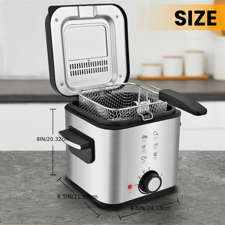 Freidora Eléctrica SUSTEAS 1500W con Cesta - Acero Inoxidable, Olla Interior Antiadherente, Tapa Desmontable, Control de Temperatura y Diseño de Fácil Limpieza para Papas Fritas Caseras Crujientes y Más, Cesta de Freír