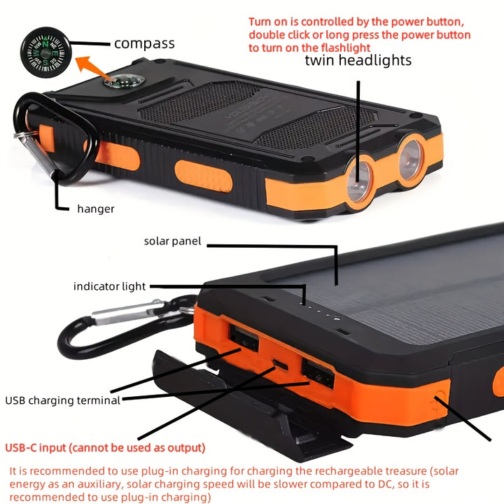 USB Tragbares Ladegerät Solar Power Bank für Handys, Camping Externe Backup-Batteriepack Dual 5V USB Port Ausgang, 2 LED Lichter Taschenlampe mit Zeiger