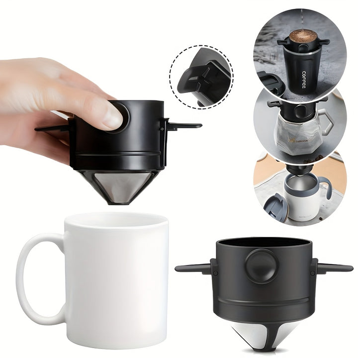 1pc Portable Pour Over Coffee Dripper, Reusable Stainless Steel Infuser with Folding Design, Plastic Material, Black, Manual Coffee Maker | Portable Infuser | Stainless Steel Dripper