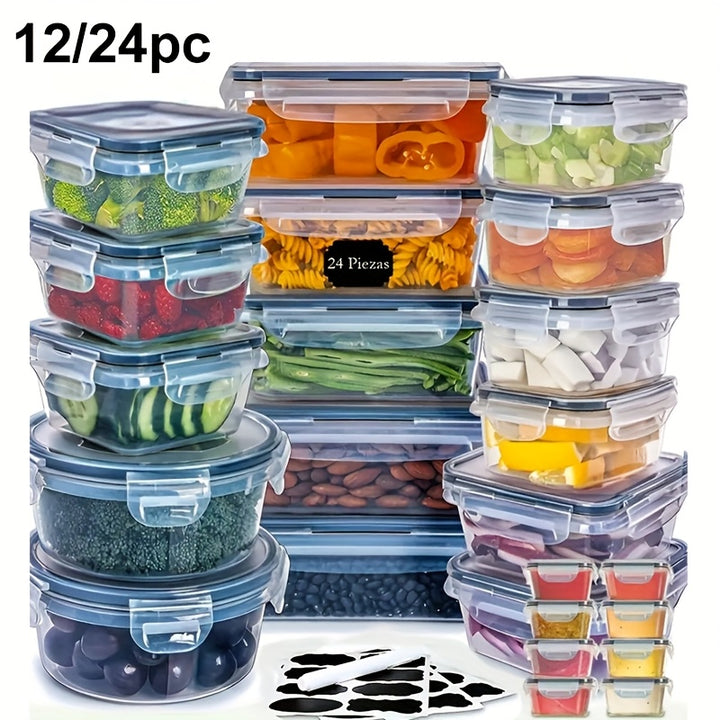 12/24pcs Transparent Kitchen Food Storage Container Set - Microwave Safe, Multipurpose Plastic Meal Prep Boxes with Flip-Top Lids + 24 Chalkboard Labels - Ideal for Vegetables, Fruits, Grains & More