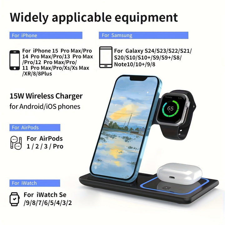 [Fast Charging Station] 3 In 1 Wireless Charging Station | 15W Fast Mag-Safe Charger Stand For IPhone16 15 14 13 12 11 X 8 Pro Max/Pro/Mini/Plus, IWatch Ultra 10/9/8 7/6/5/4/3/2 SE, AirPods 4/3/2/Pro/pro2