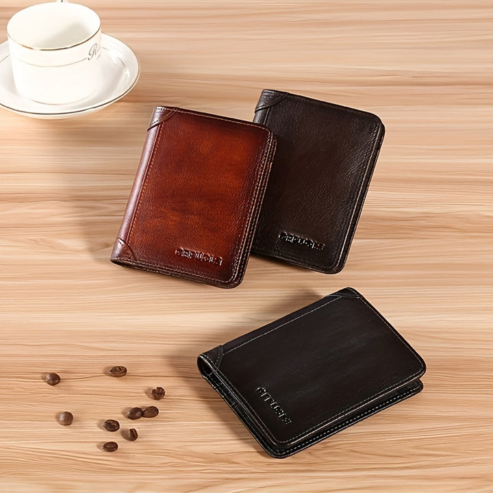 Men's Ultra-thin Double-folded Leather Front Pocket RFID Wallet with 2 ID Card Windows