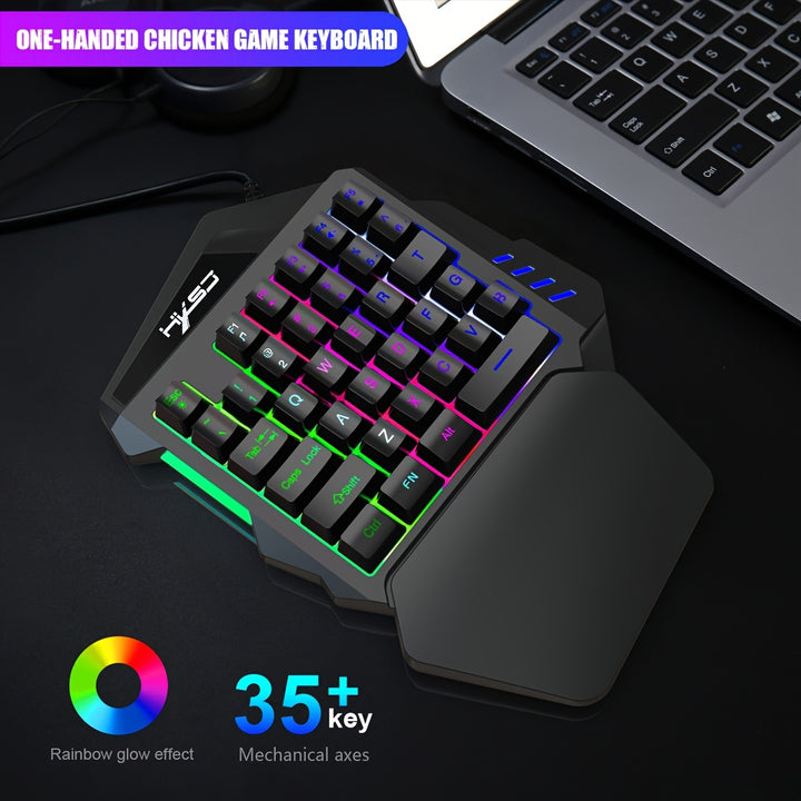 HXSJ Gaming One-Handed Keyboard And Mouse Set with 35 Keys, Dual-Color Injection Molded Keycaps, Colorful Backlight, USB Plug-And-Play Optical Mouse Combo Suitable for Gaming.