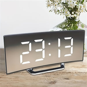 Modern LED Mirror Clock with Curved Display - Silent Digital Alarm, Dimmable, USB or Battery Powered, ABS Material - Perfect for Home Decor