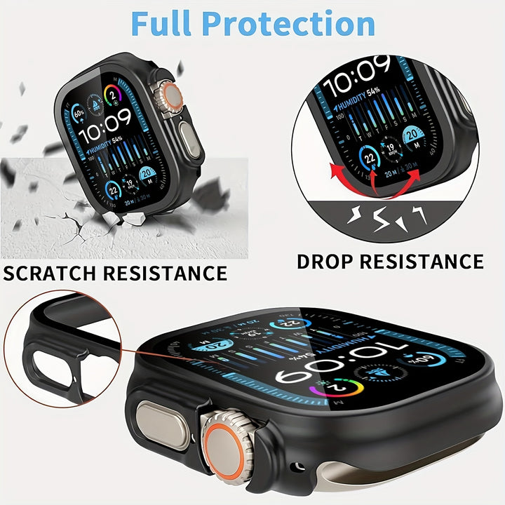 Coque en PC dur ultra-mince et cristal clair avec protecteur d'écran en verre trempé HD pour Apple Watch Series Ultra/10/9/8/7/6/5/4/SE - Bumper à couverture complète résistant aux rayures