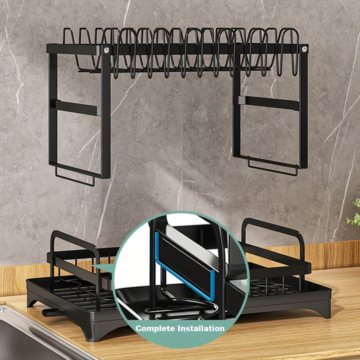 1pc Dish Drying Rack for Kitchen Counter Over The Sink, Detachable Larger Capacity 2-Tier Dish Drying Rack Drainboard with Double-Layer Bowl Rack, Cup Rack, Drain Board, Sticky Board Rack, Cutlery Rack, Black & White
