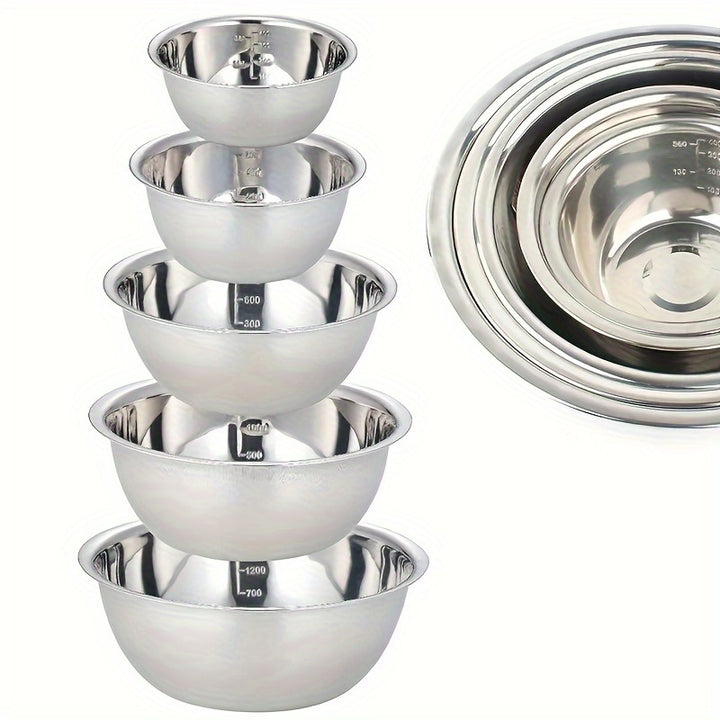 Stainless Steel 5pcs Mixing Bowls - Cooking Bowl With Scale - Great For Cooking, Baking, Prepping, Household Kitchen Cooking Basin