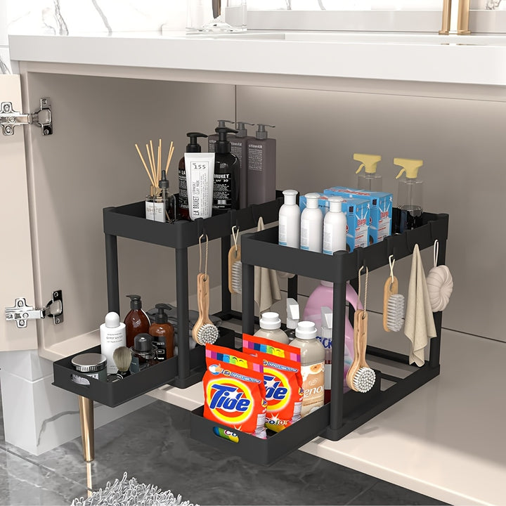 Under Sink Organizer 2 Pack, Bathroom Cabinet Organizer, 2 Tier Sliding Cabinet Basket Organizer Drawer, Multi-Purpose Bath Collection Baskets