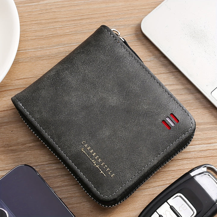 Men's Zipper Short Wallet, Multi-card Card Holder, PU Leather Bifold Wallet Money Clip With Coin Pocket, Gift For Men