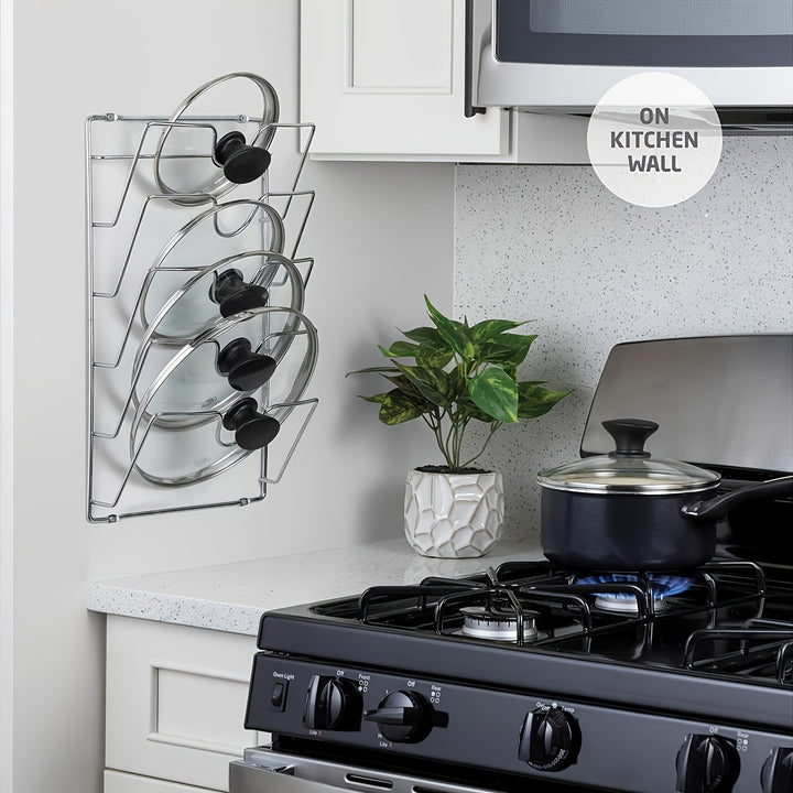 1 Pc of a Sturdy Metal Organizer for Hanging Pot Lids, Designed As a Multi-Level Wall-Mounted Storage Solution for Pots And Lids