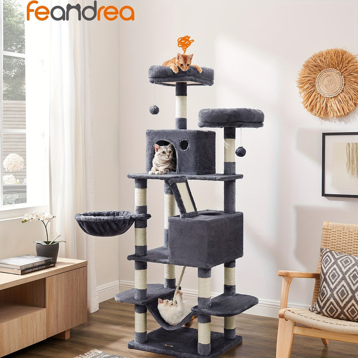 Feandrea 66.1/44.1in Cat Tree, Large Cat Tower with 13 Scratching Posts, 2 Perches, 2 Caves, Hanging Basket & Hammock, Pompoms, Stable Kitty Play House, Multi-Level Plush Cat Condo for Indoor Cats, Easy to Assemble, Perfect G