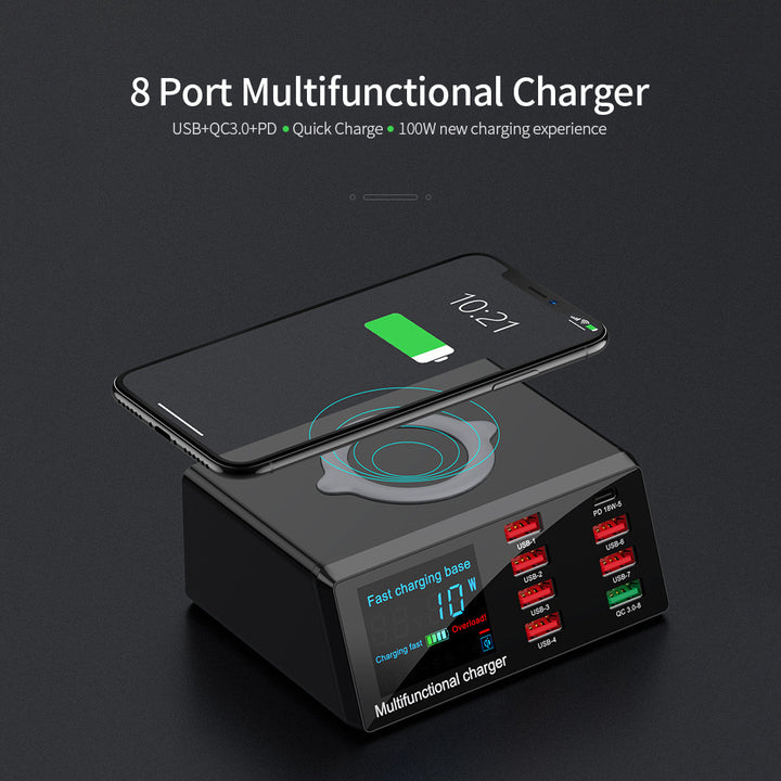 X9 8 Port Wireless USB Charger Quick Charge PD+QC3.0+USB Port Charge Station with LED Display for Phone/Laptop/Tablet EU Plug USB Charger, wireless, LED display, PD+QC3.0, 8 port