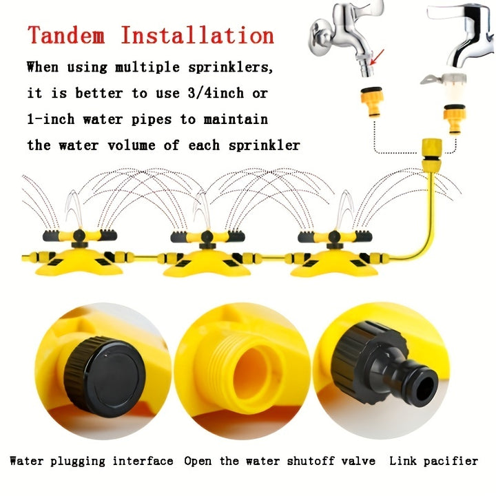 1pc 360° Rotating Lawn Automatic Sprinkler with 3 Adjustable Arms for Large Area Coverage, Yellow