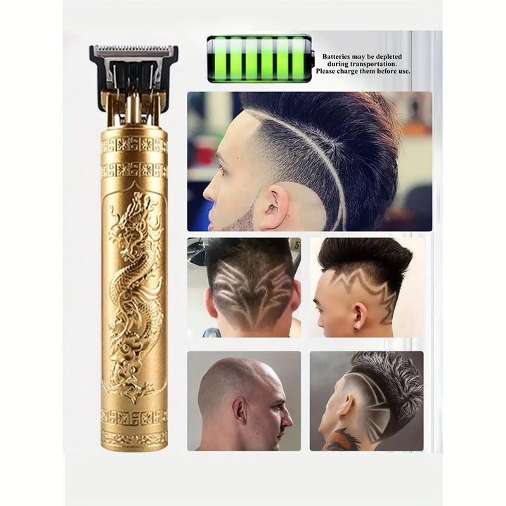 USB Rechargeable Hair Clipper with Golden Dragon Engraving, Cordless Portable Trimmer for Barbers and Personal Grooming, Lithium Battery Operated ≤36V, Includes Guide Combs and USB Cable