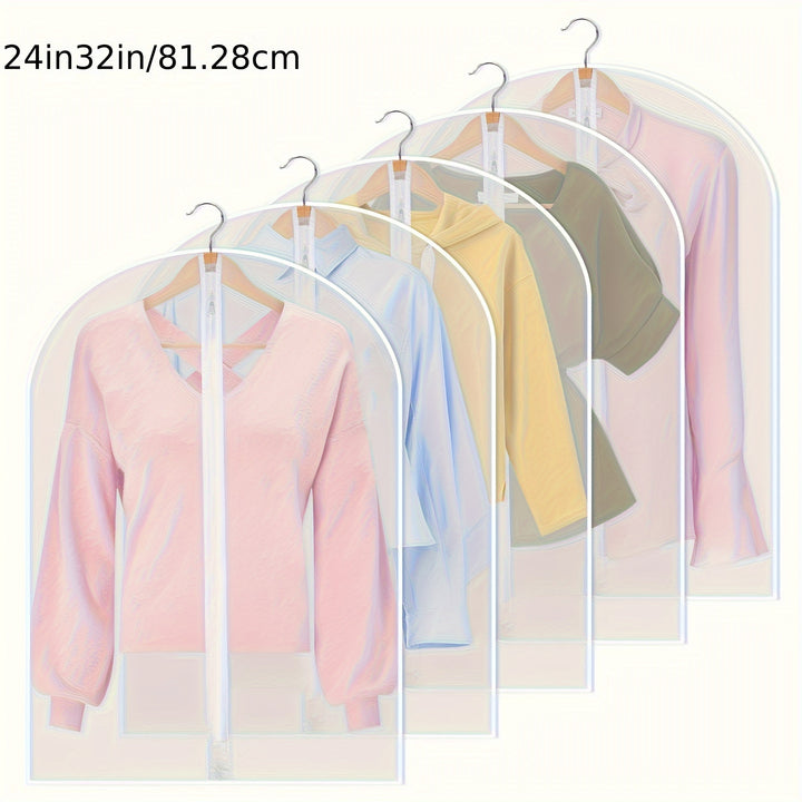 5pcs Zippered Garment Bags - Transparent PEVA Dustproof Clothing Covers with Hanging Hooks for Suits, Coats & Delicate Fabrics, Closet Organization & Travel Storage, Clothes Storage, Clear Visibility Material
