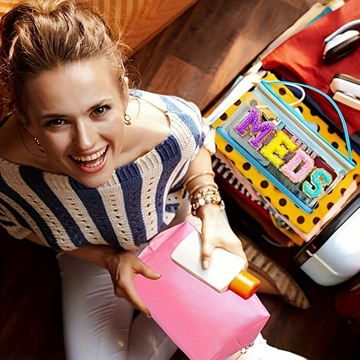 Chic Waterproof PVC Cosmetic Bag with Plush Chenille "MEDS" Letters - Portable, Large Capacity Travel Organizer with Zipper Closure, Easy to Clean - Preppy Style Patchwork Makeup Storage for Women and Girls in Pink/Blue/Turqu