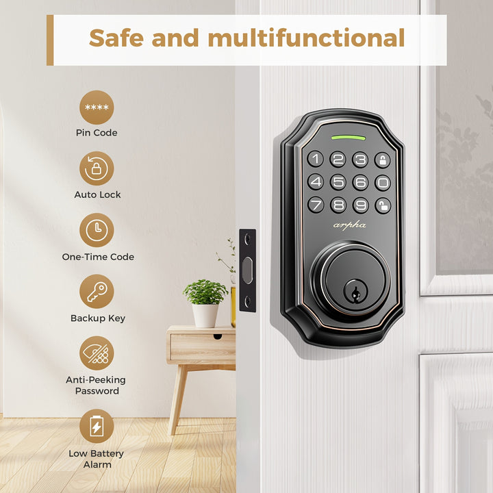 [Smart Keyless Entry Door Lock] Arpha Smart Keyless Entry Door Lock - Auto Lock/Unlock, 100 Code Anti-Peek Combination, Easy Installation, Low Battery Alarm, Strong & Heavy Zinc Alloy, Black & Orange, for Secure Home Access,